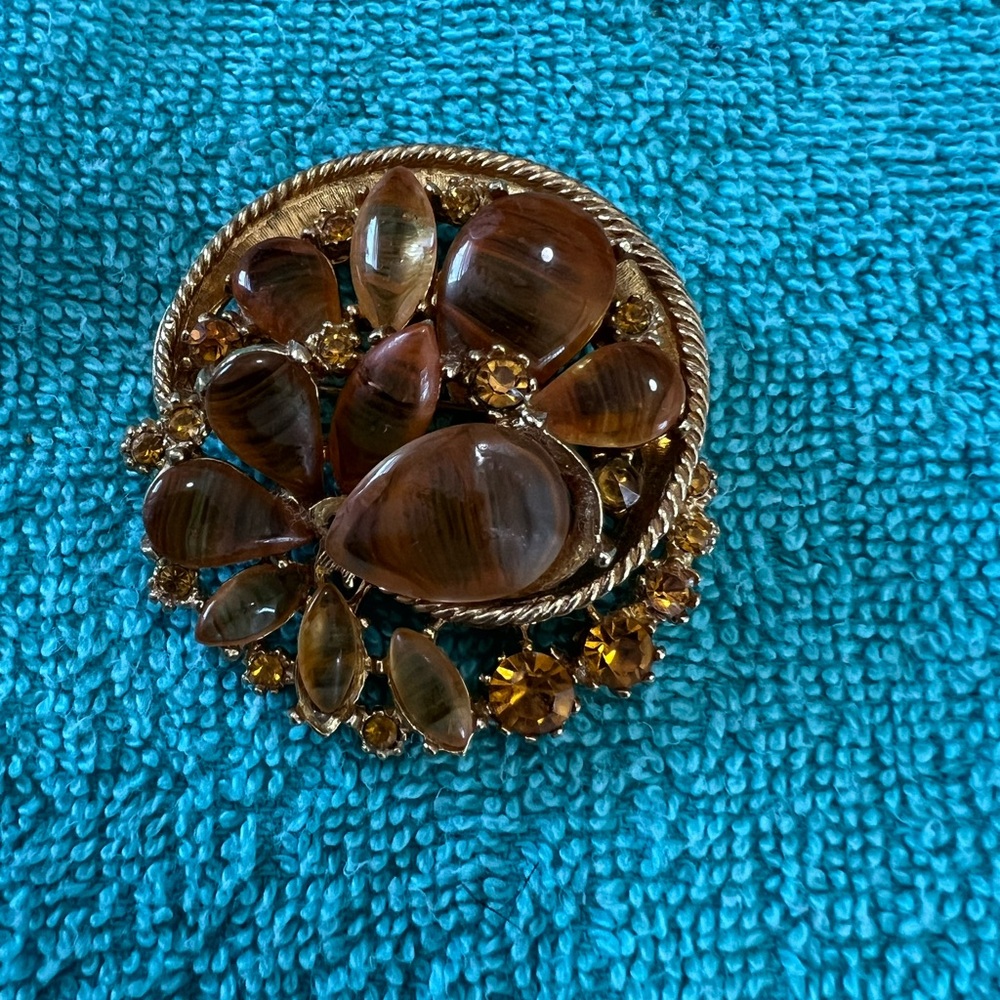 Antique Gold and Brown Floral Brooch with Smoky Quartz